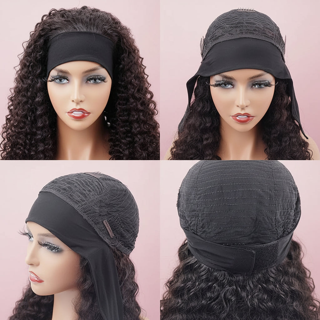 Four views of a headscarf worn by a mannequin with curly hair on a white background.