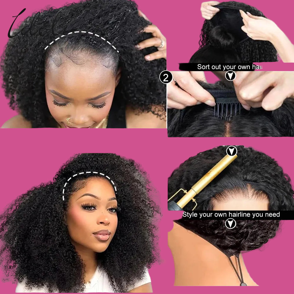 Step-by-step guide on how to install a no glue no lace half wig with close-up shots of the process.