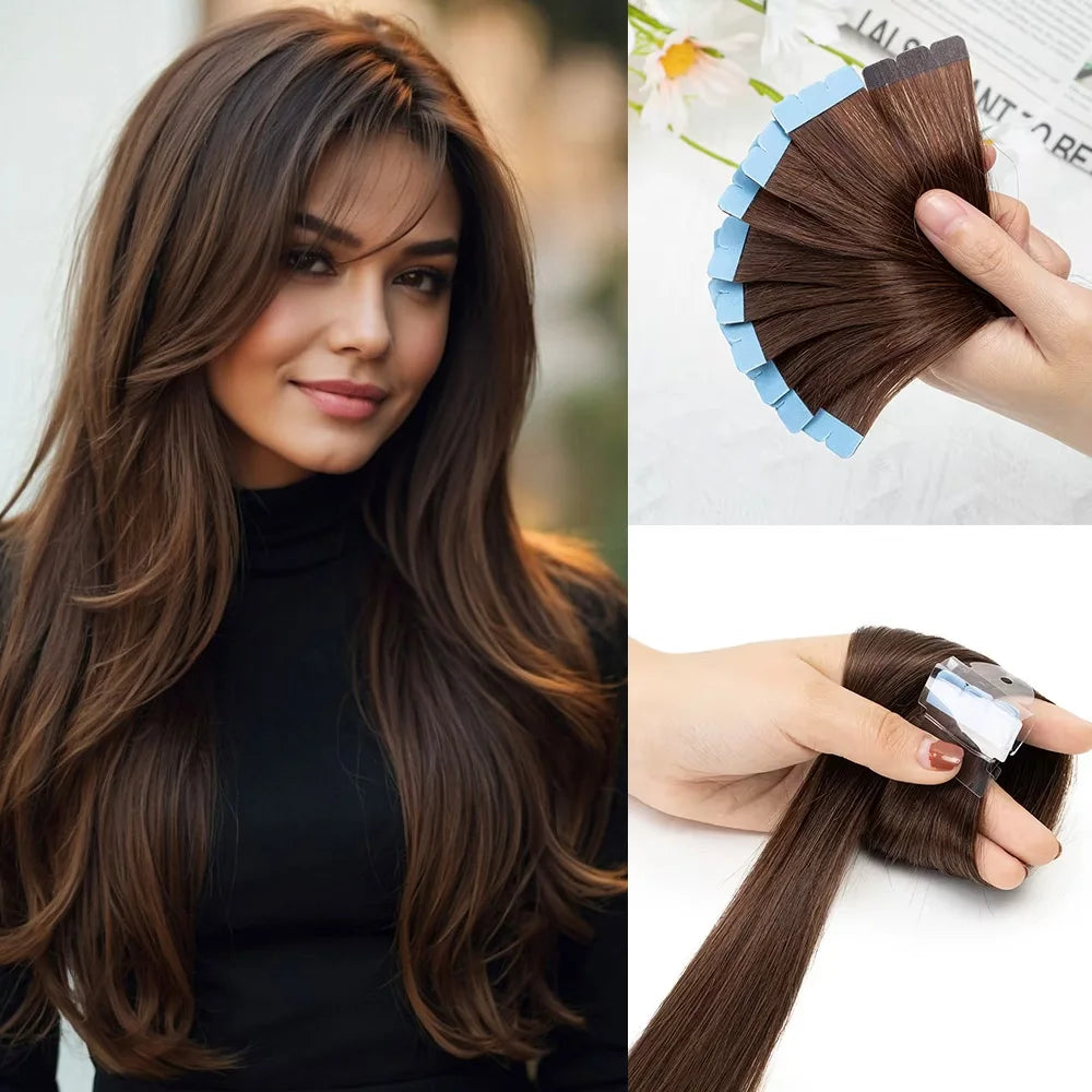 Mini Tape in Human Hair Extensions Double Side Invisible Seamless Tape in Hair 10pcs/set Natural Straight Black Brown Blonde