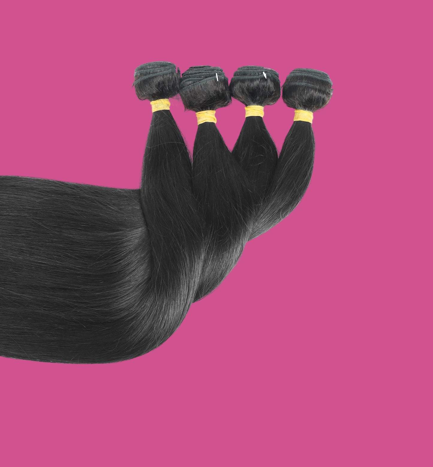 Bundle of black hair extensions on a white background