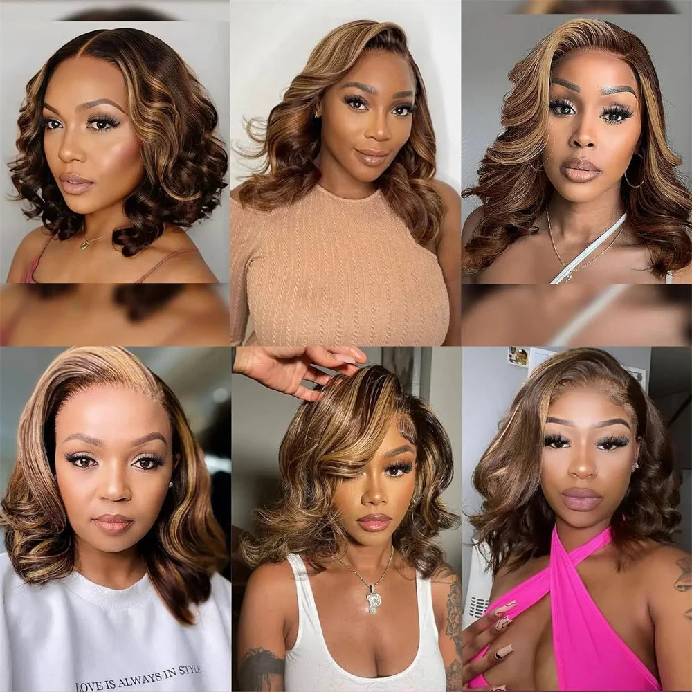 Swiss lace Honey Blonde Highlight Body Wave Bob Wig 13×4 Lace Front