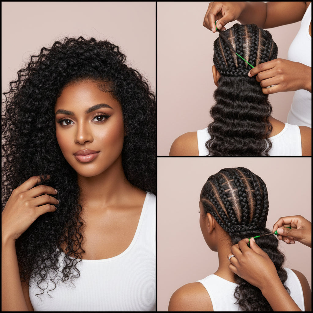 Collage of a woman with styled hair and another with braided hair being worked on.