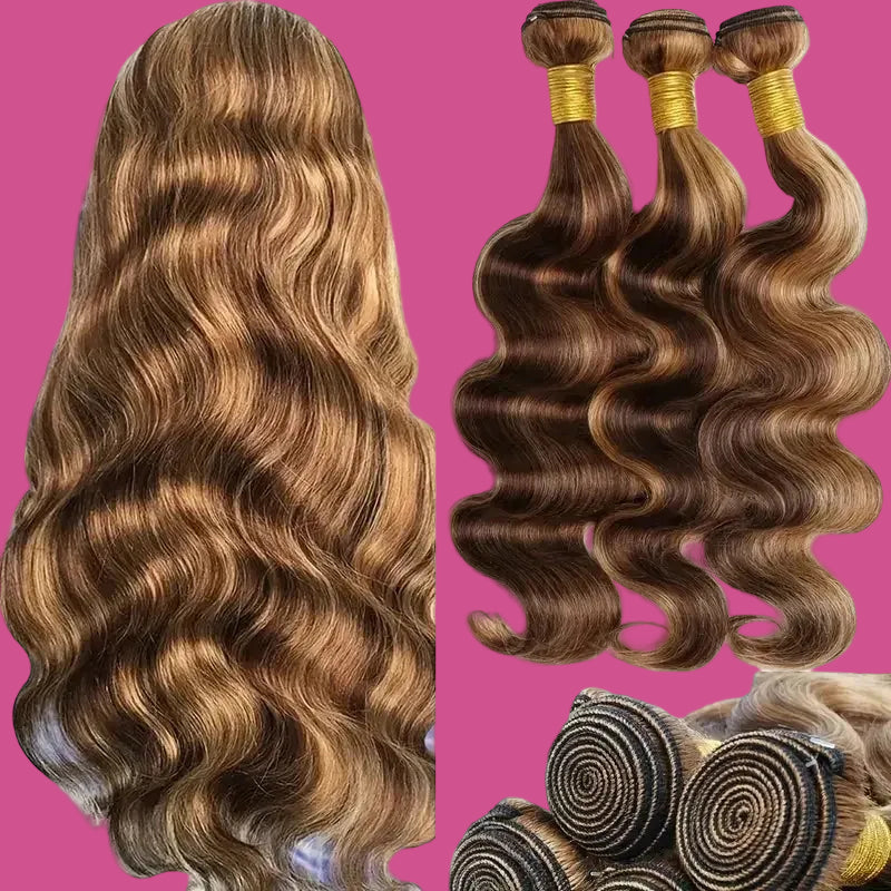 Brown hair extensions with wavy and straight styles on a white background
