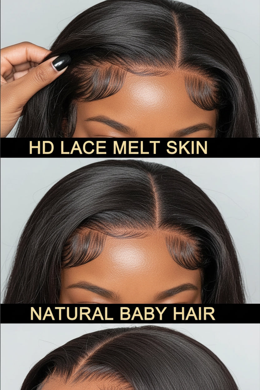 Long, straight black hair extension or wig shown on a model, with close-up inset views highlighting HD lace melt skin, natural baby hair, and deep parting lace. Text overlays describe the features.