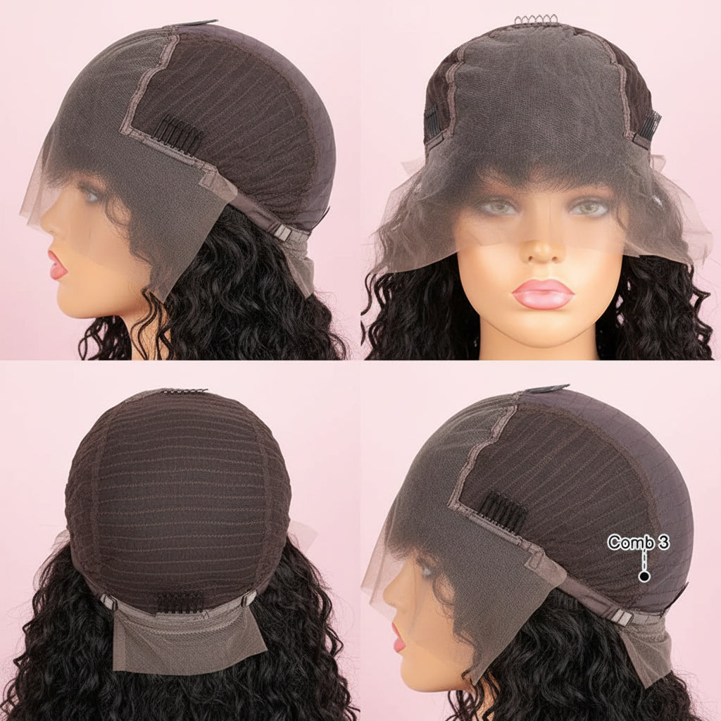 Wig with detailed features labeled on a white background