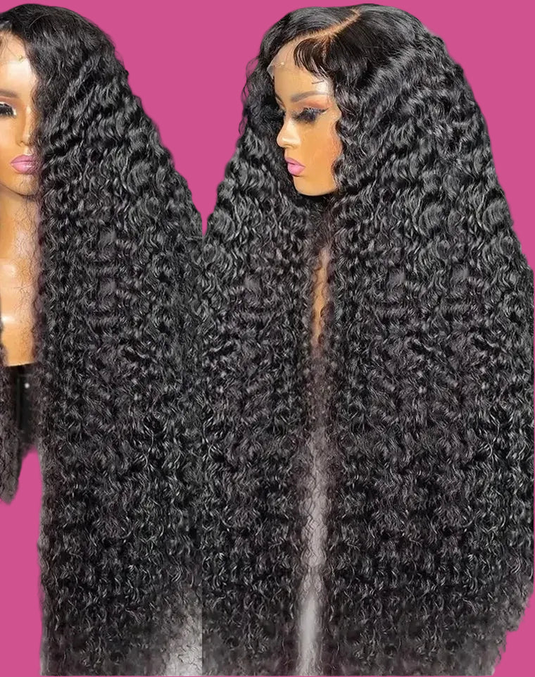 Two views of a wig with curly hair, brand 'Lumiere' visible.