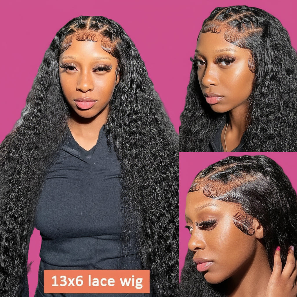 Collage of a woman wearing a 13x6 lace wig with close-up shots.