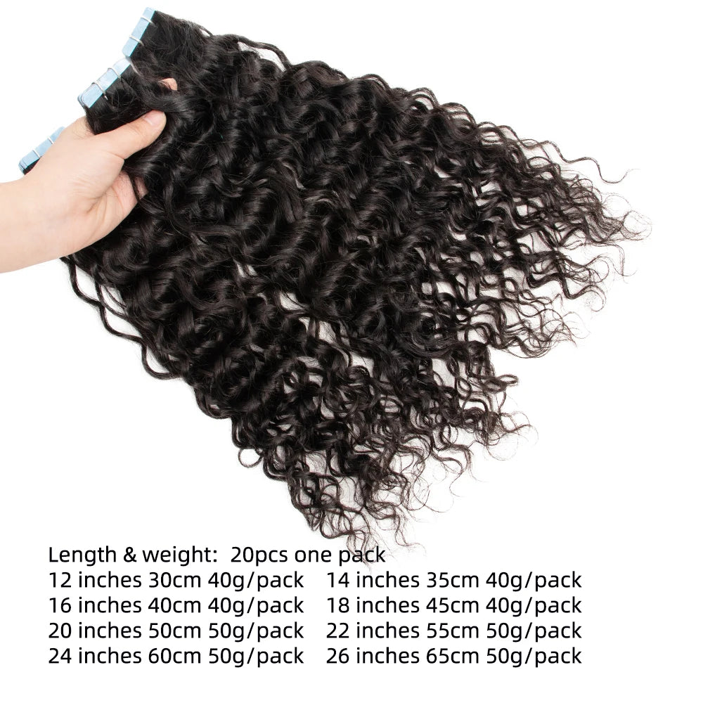 Water Wave Tape In Hair Extensions Brazilian Remy Human Hair for Black Women Natural Black Tape Ins Hair Extensions 20pc/Pack