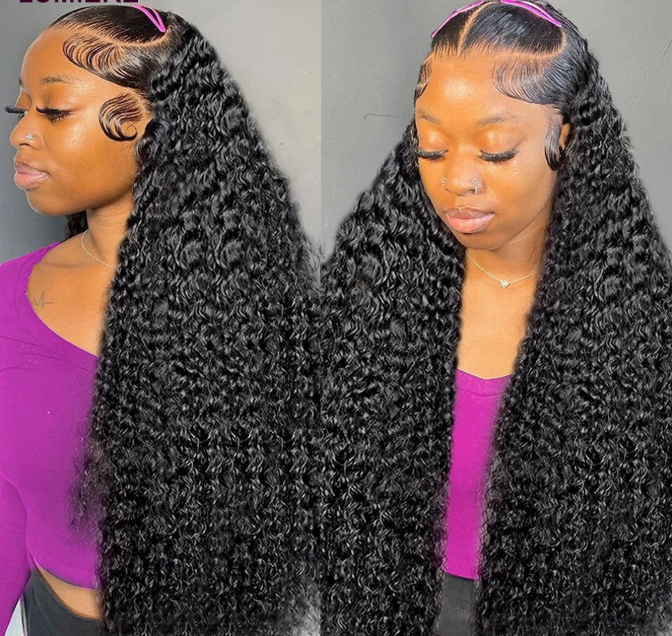 Woman with long black curly hair styled in a wig, wearing a purple top, with 'LUMIERE' branding.