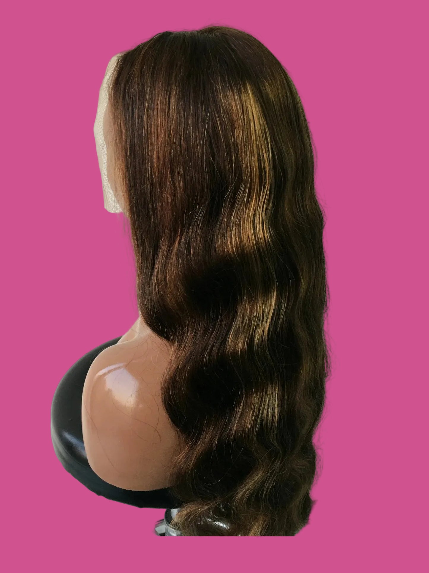 Brown wig on a mannequin head with
