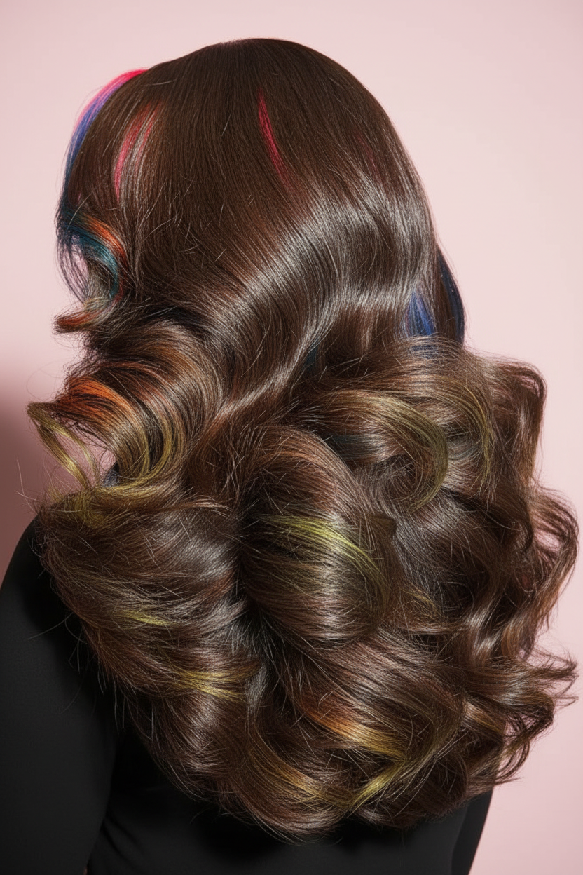 Curly hair with multicolor highlights on a dark background