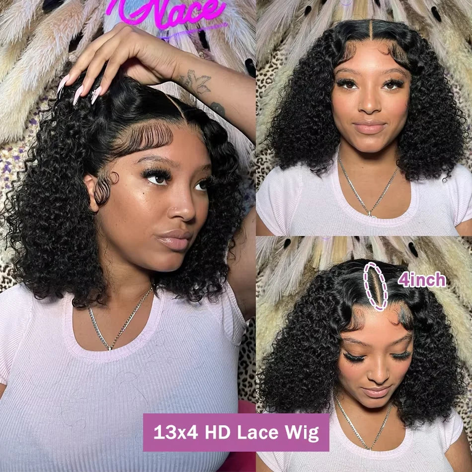 300% Brazilian Curly Short Bob 13x6 HD Lace Front Human Hair Wigs Brazilian Deep Wave 13x4 Transparent Lace Frontal Remy Wig