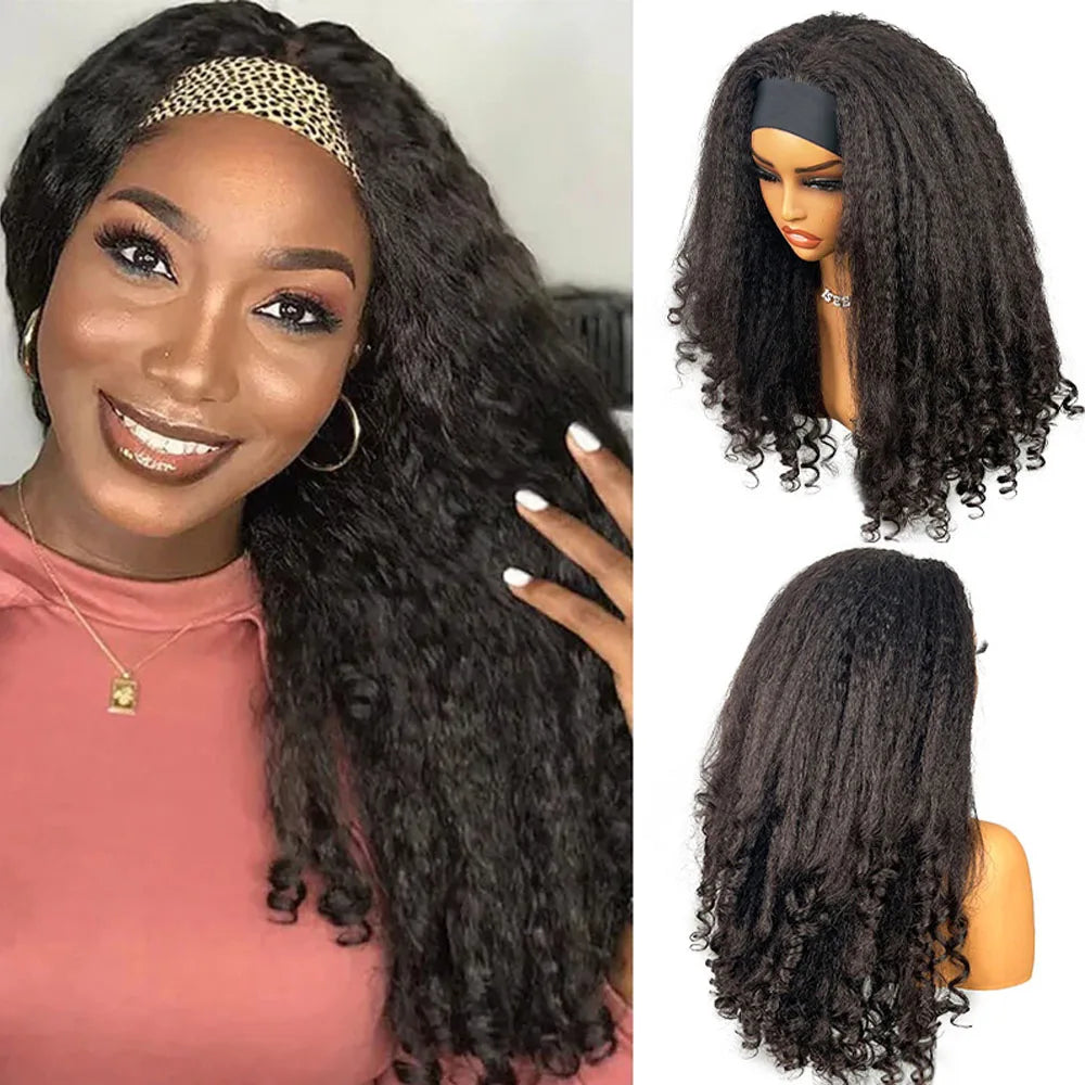 Kinky Straight Burmese Curly 100% Human hair Headband Wigs With Drawstring Glueless Wig Wear And Go Yaki Straight Headband Wig