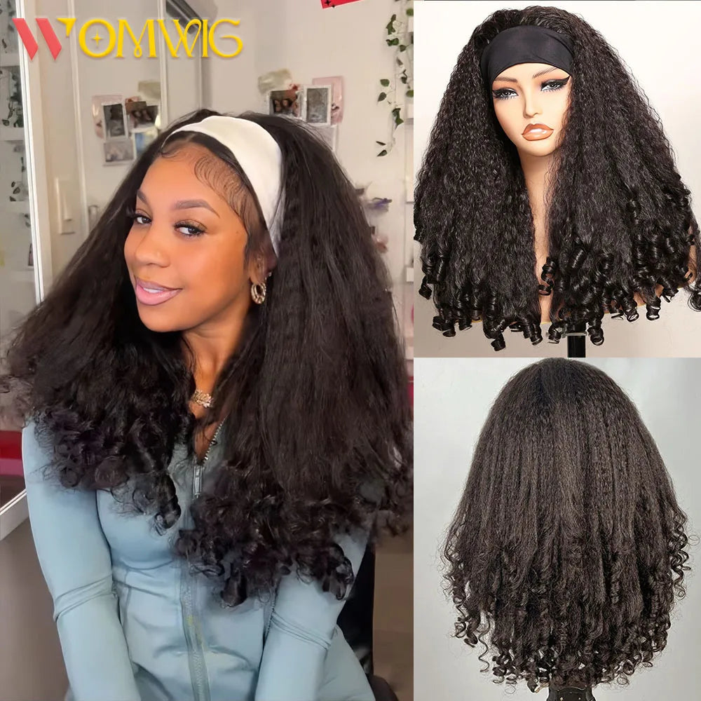 Kinky Straight Burmese Curly 100% Human hair Headband Wigs With Drawstring Glueless Wig Wear And Go Yaki Straight Headband Wig