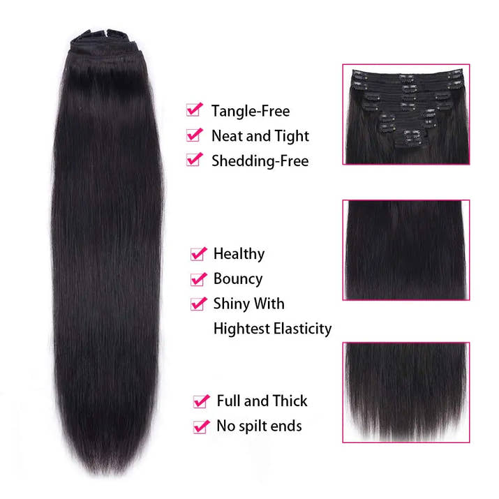 Straight Clip in Hair Extensions Human Hair 8pcs #1B Double Weft Clip in Human Hair Extensions Natural Black Color For Women