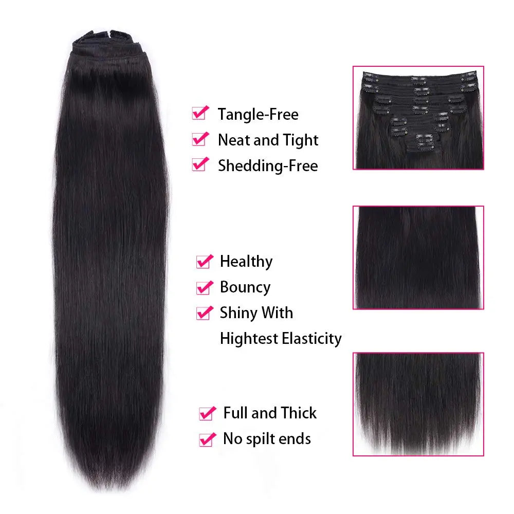 Straight Clip in Hair Extensions Human Hair 8pcs #1B Double Weft Clip in Human Hair Extensions Natural Black Color For Women