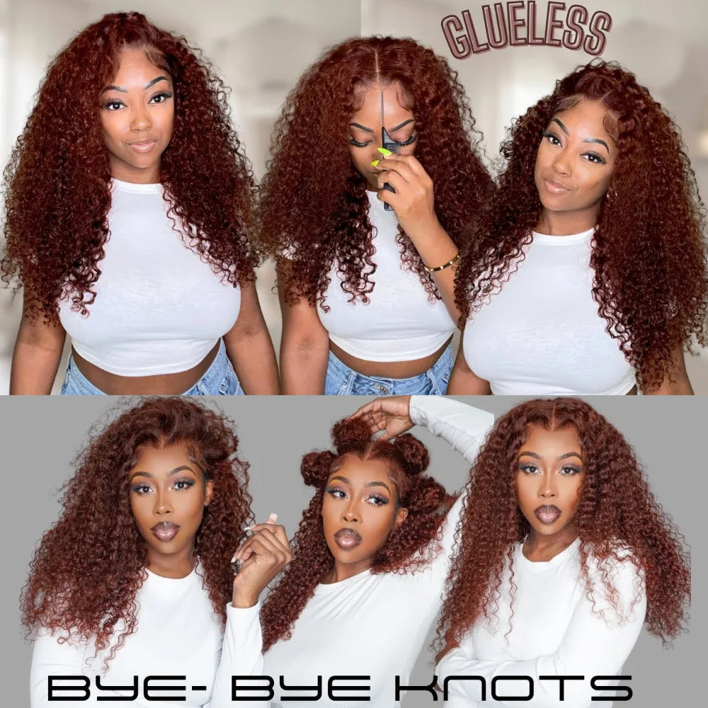 UNice 7x5 Bye-Bye Knots Reddish Brown Curly Human Hair Wig With Drawstring Pre Cut Pre Bleached Glueless Wigs
