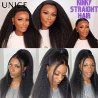 UNice 13x4 HD Real Scalp™ Wig Invisible Lace Frontal Kinky Straight Wig With Drawstring 100% Human Hair Glueless Wigs