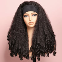 Mannequin head with long, wavy black hair and a black headband on a beige background