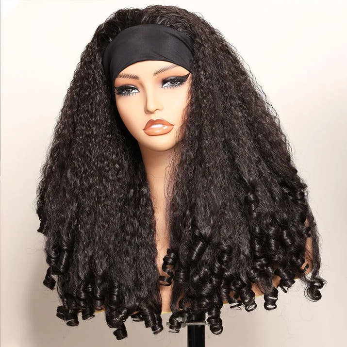 Kinky Straight Burmese Curly 100% Human hair Headband Wigs With Drawstring Glueless Wig Wear And Go Yaki Straight Headband Wig