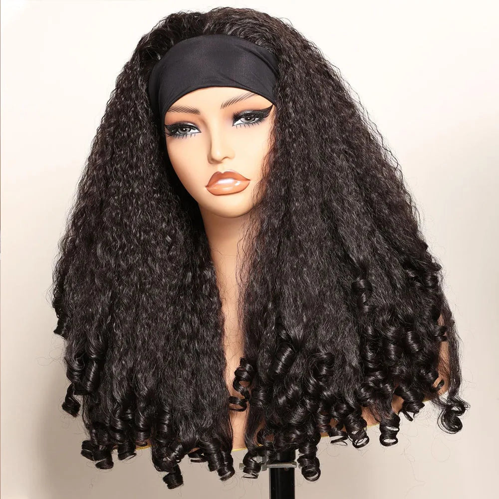 Kinky Straight Burmese Curly 100% Human hair Headband Wigs With Drawstring Glueless Wig Wear And Go Yaki Straight Headband Wig
