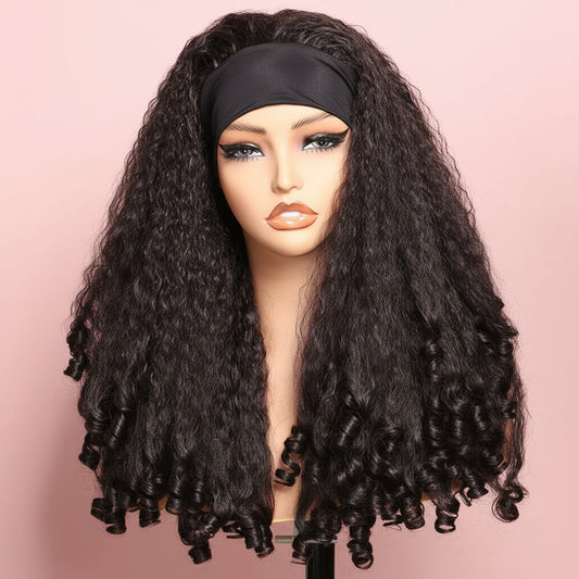 Mannequin head with long, wavy black hair and a black headband on a beige background