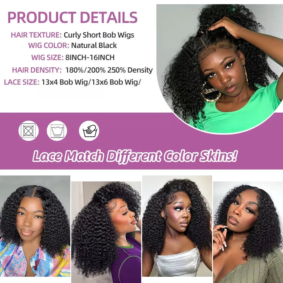 300% Brazilian Curly Short Bob 13x6 HD Lace Front Human Hair Wigs Brazilian Deep Wave 13x4 Transparent Lace Frontal Remy Wig