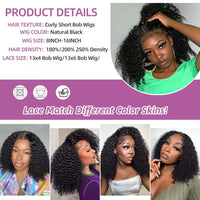 300% Brazilian Curly Short Bob 13x6 HD Lace Front Human Hair Wigs Brazilian Deep Wave 13x4 Transparent Lace Frontal Remy Wig