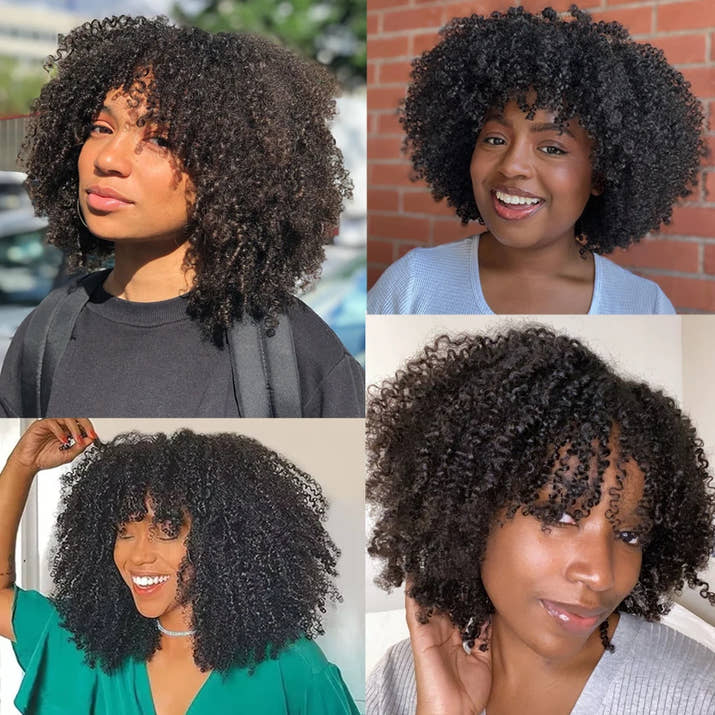 Natural Color Short Afro Kinky Curly Human Hair Wig With Bangs 200 Density NON-Lace 100% Virgin Human Hair Wigs For Black Women
