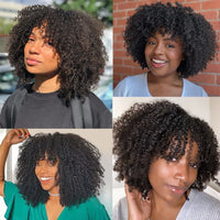 Natural Color Short Afro Kinky Curly Human Hair Wig With Bangs 200 Density NON-Lace 100% Virgin Human Hair Wigs For Black Women