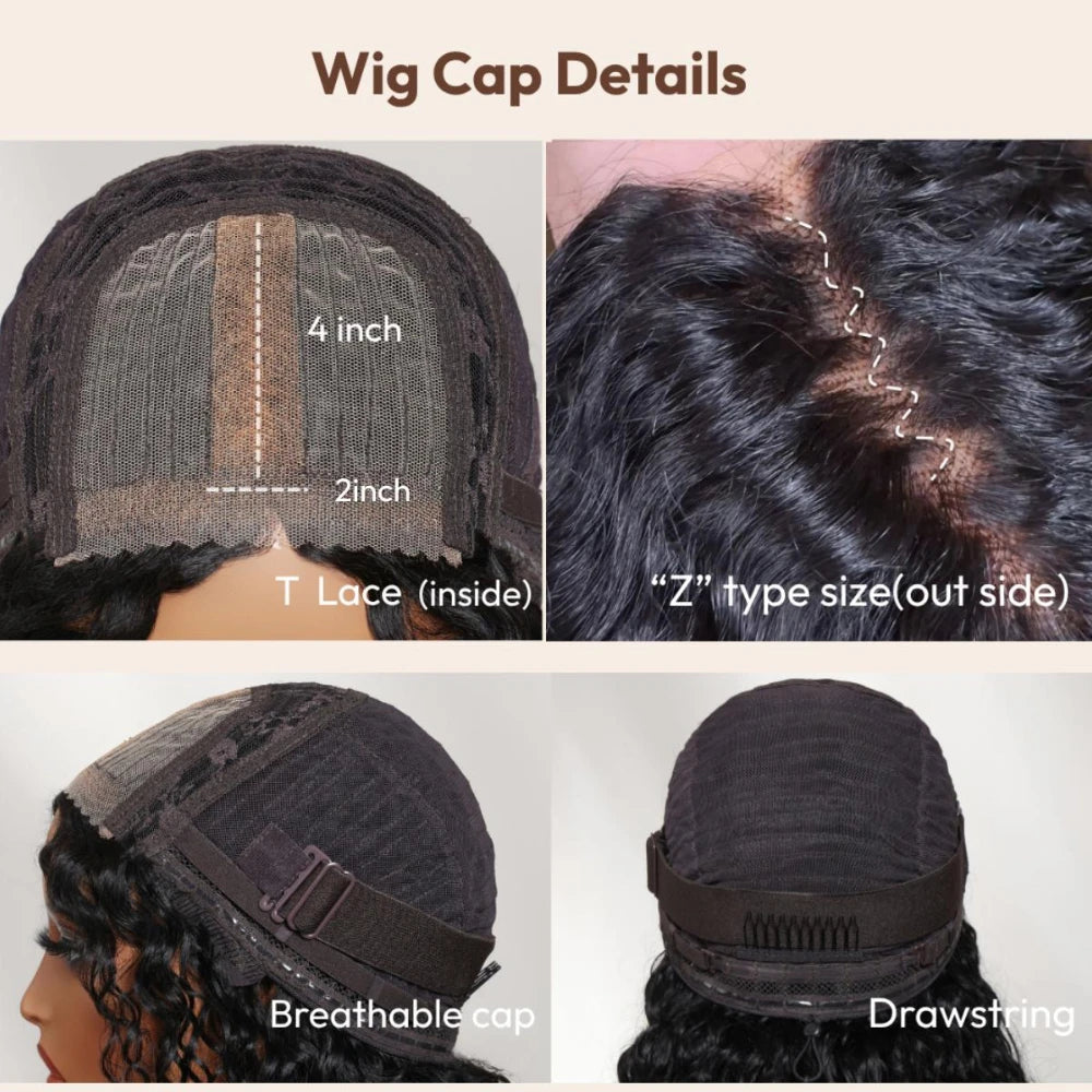 Boho Curly Wig with Bangs | Pre-Cut 4×2 T-Part Lace, Glueless Drawstring