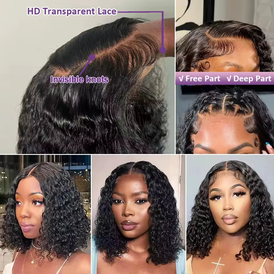 300% Brazilian Curly Short Bob 13x6 HD Lace Front Human Hair Wigs Brazilian Deep Wave 13x4 Transparent Lace Frontal Remy Wig