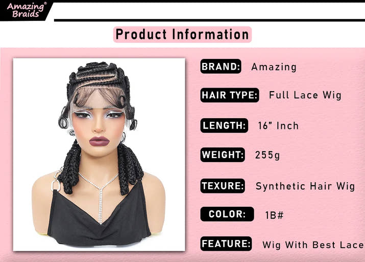 Synthetic Full Lace Cornrow Braided Wigs 16Inch Lace Frontal Braids Wigs for Black Women Bantu Lace Braiding Wigs with Baby Hair