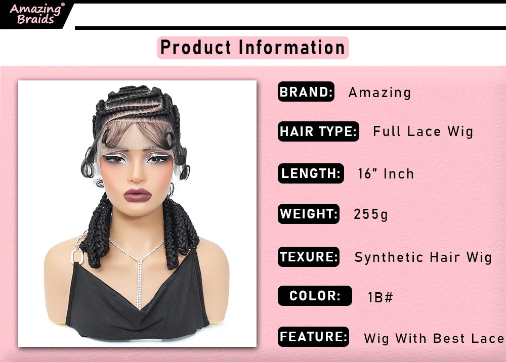 Synthetic Full Lace Cornrow Braided Wigs 16Inch Lace Frontal Braids Wigs for Black Women Bantu Lace Braiding Wigs with Baby Hair