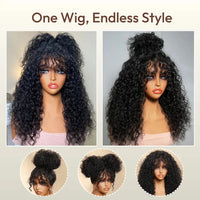 Boho Curly Wig with Bangs | Pre-Cut 4×2 T-Part Lace, Glueless Drawstring