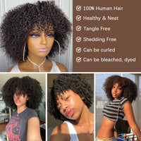 Natural Color Short Afro Kinky Curly Human Hair Wig With Bangs 200 Density NON-Lace 100% Virgin Human Hair Wigs For Black Women
