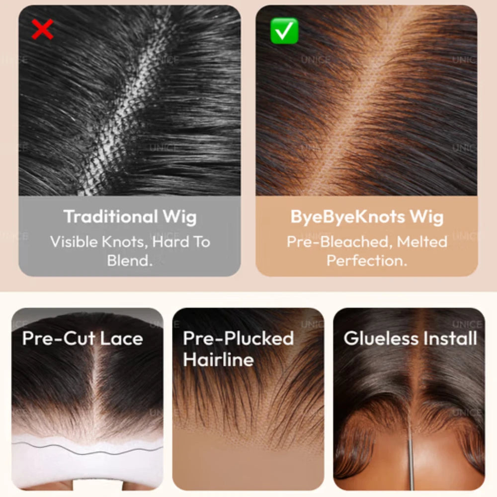 UNice 7x5 Bye-Bye Knots Reddish Brown Curly Human Hair Wig With Drawstring Pre Cut Pre Bleached Glueless Wigs