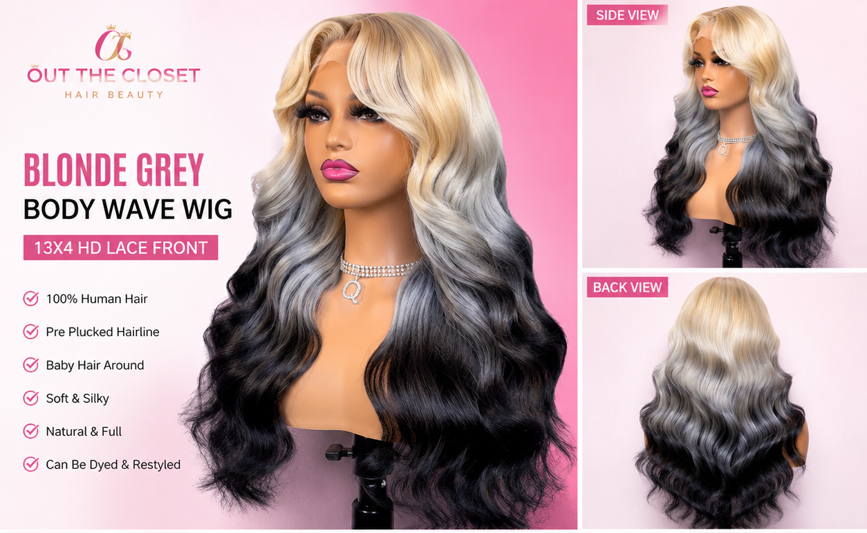 Blonde to gray body wave wig on a mannequin with product details on a pink background.
