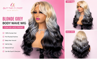 Blonde to gray body wave wig on a mannequin with product details on a pink background.