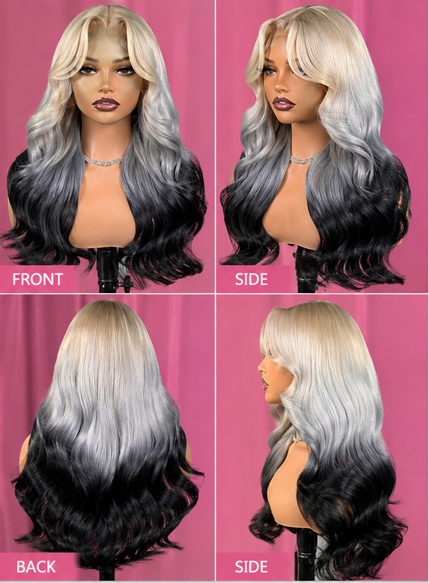 Blonde grey body wave wig with multiple views on a pink background