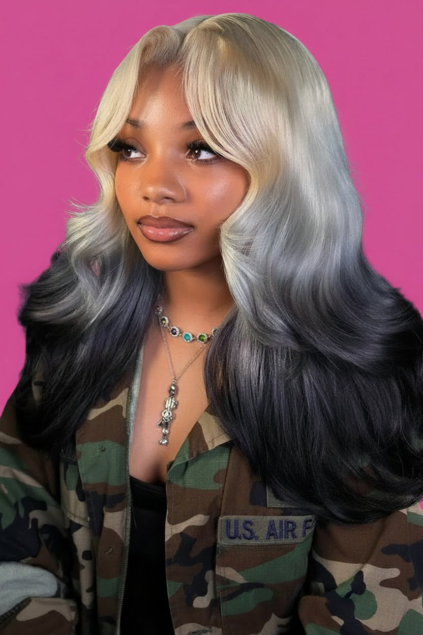 Blonde grey body wave wig Person with styled hair in a salon setting