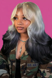 Blonde grey body wave wig Person with styled hair in a salon setting