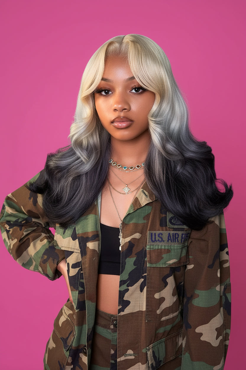Woman with long, wavy hair styled in a camouflage jacket, with Blonde grey body wave wig 
