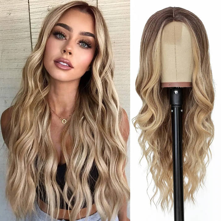 Synthetic Long Lace Wavy Wig for Women 26 Inch Middle Part Curly Natural Looking Heat Resistant Fiber for Daily Party Christmas