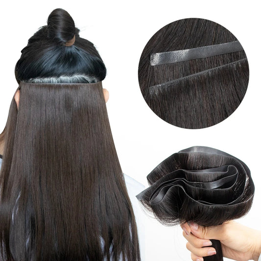 Invisible Long Tape PU Weft Human Hair Bundles Real Natural Hair Seamless & No-Glue Injected Tape In Hair Extensions Thick Ends