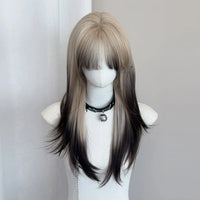 Ombre Blonde Black Synthetic Layered Wig for Lolita Cosplay Daily Party Women Long Straight Wig with Bangs