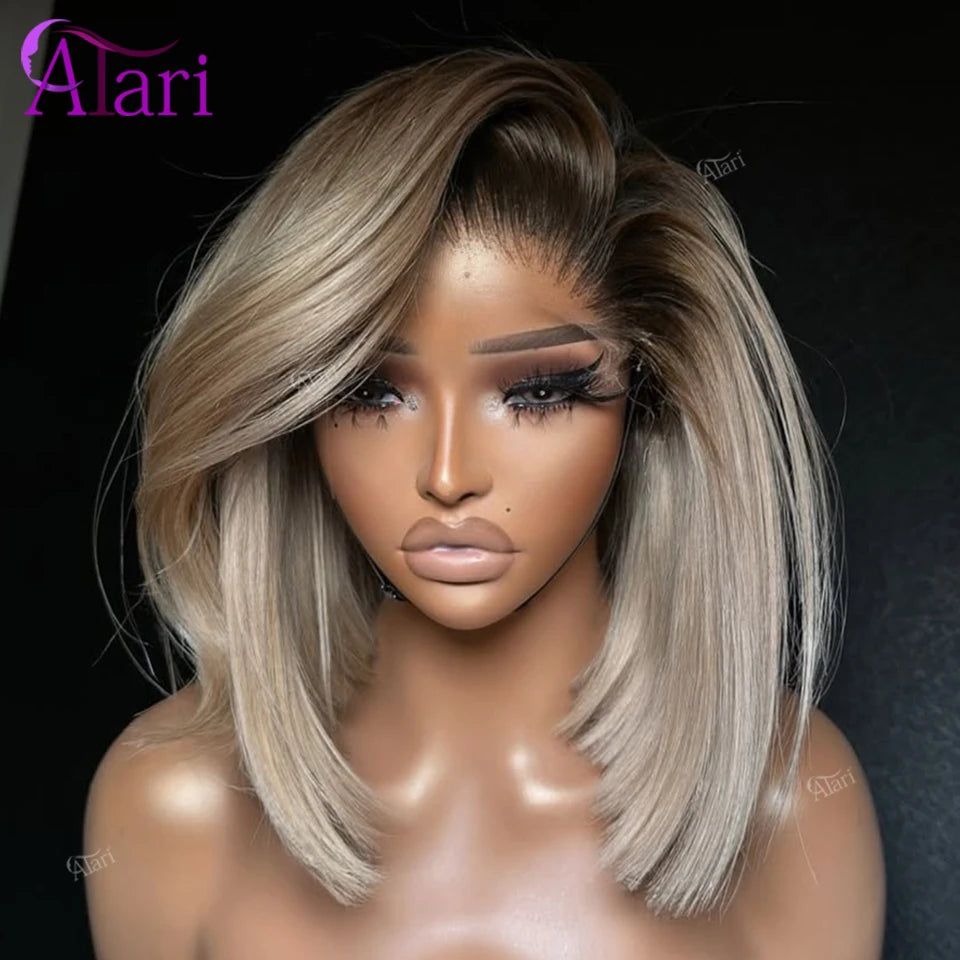 Ash Blonde with Brown Roots Short Bob Wig Transparent 13x4 Full Lace Frontal Human Hair Straight Bob Wig Pre Plucked for Women
