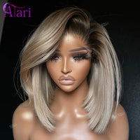 Ash Blonde with Brown Roots Short Bob Wig Transparent 13x4 Full Lace Frontal Human Hair Straight Bob Wig Pre Plucked for Women