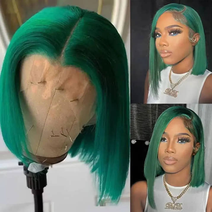 Colored Short Bob Wig Lace Front Wig Grey Pink Straight Human Hair Lace Front Wigs Dark Mint Green13x4 HD Lace Frontal Wigs