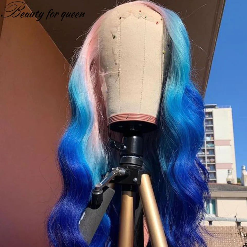 28 Inches Glueless For Women Colored Brazilian Human Hair Wig Cosplay Ombre Pink Blue Body Wave Transparent Lace Frontal Wigs